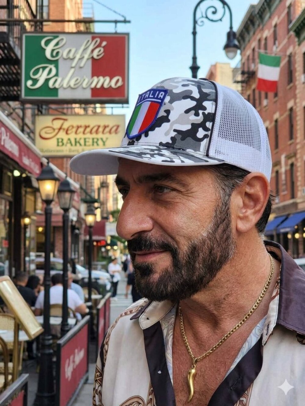 ITALIA Patched Pacific Headwear Snow Camo Flexfit Trucker Hat